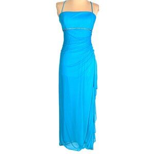 Ruched Chiffon Blue Glam Slip Gown Rhinestone Accent Side Ruffle Design 5 Prom